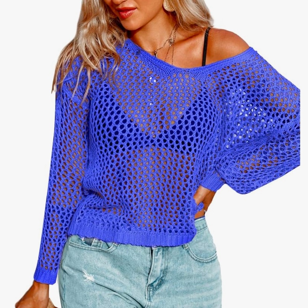 AI'MAGE Womens Blue Crochet Long Sleeve Hollow Out crochet Sweater Size XL